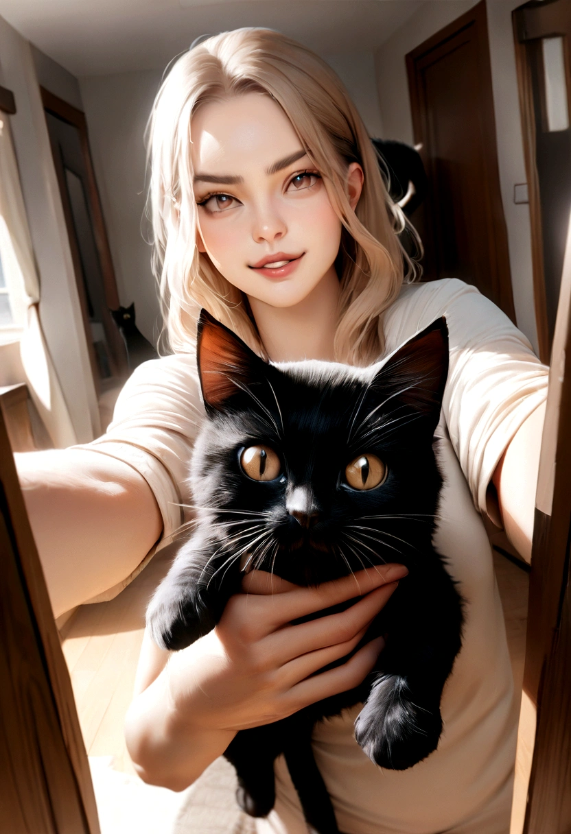 masterpiece, Best quality, ultra-realistic image, человек делает selfie с котом, fluffy black cat, selfie, smart cat, hold the cat, running cat, That's funny