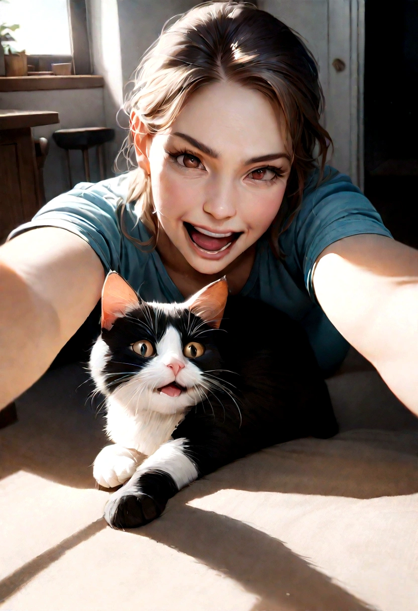 masterpiece, Best quality, ultra-realistic image, человек делает selfie с котом, fluffy black cat, selfie, smart cat, hold the cat, running cat, That's funny