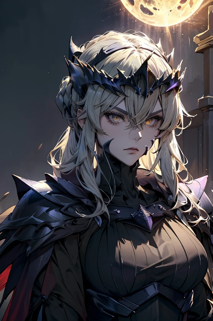 solo, (best quality,highres:1.2),detailed portrait,dark and mysterious,Arturia Pendragon from Fate/Grand Order, LancerAlter,glowing yelow eyes,flowing hair,armor,crown of thorns,moonlit background,dramatic lighting,sacred aura, Artorias, dark black and red armor