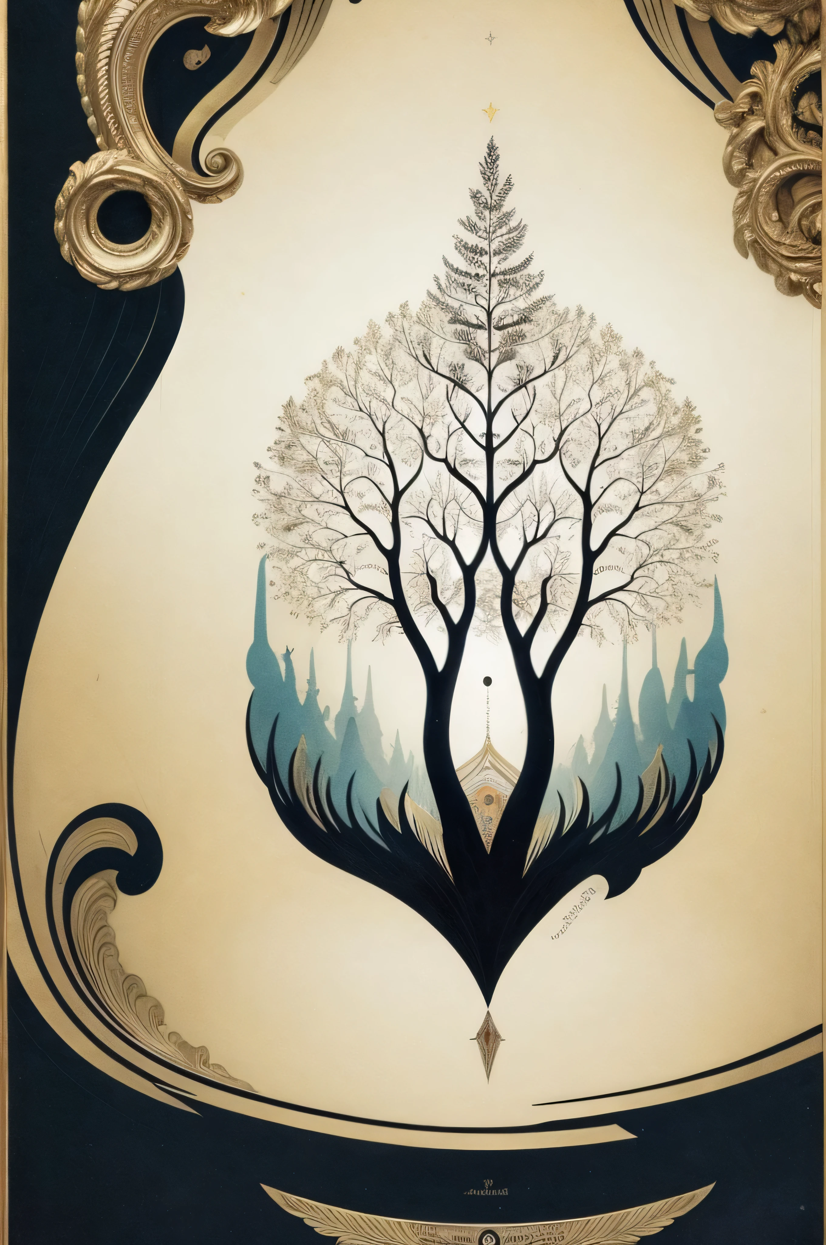 Nordic tree-shaped solitaire,Flat style, abstract artistic,Graphic design,symmetry, Math, Renaissance, Oil painting, 2D canvas, highly detailed, complex, Classic paint, Black monochrome, crystals, opulent, lap, gothic ornament, Graphic design