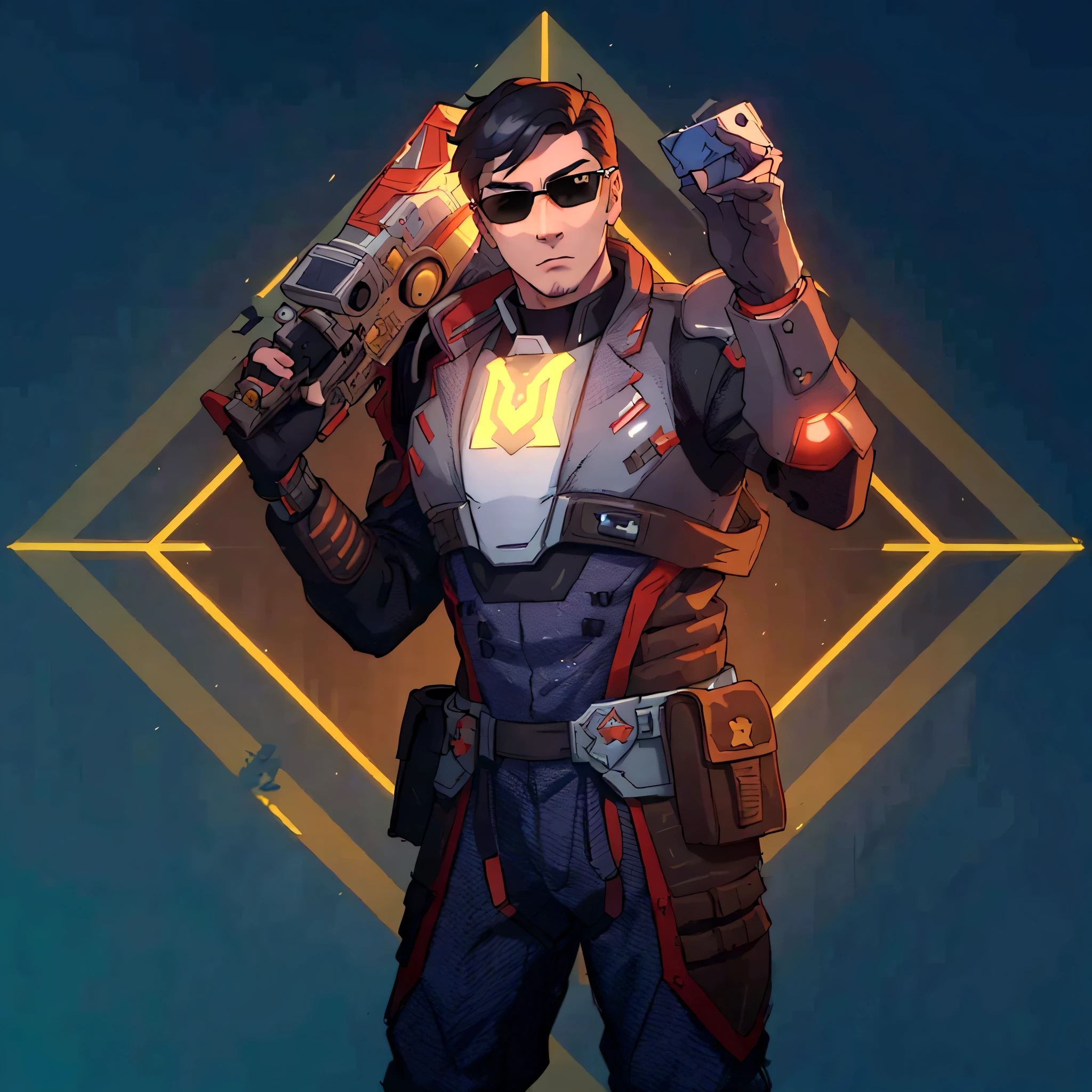 At the center of a vibrant piece of digital art, a male character stands confidently with his hands on his hips. He is adorned in an elegant gray and red suit equipped with a helmet and glasses and on his chest bears the letter M, suggesting that he might be prepared for an adventure or battle. His outfit is completed with a pair of sunglasses, adding to his cool demeanor. In his right hand he holds a gun, ready for action. The background contrasts strikingly with its blue and yellow geometric shapes, enhancing the overall futuristic theme of the image.