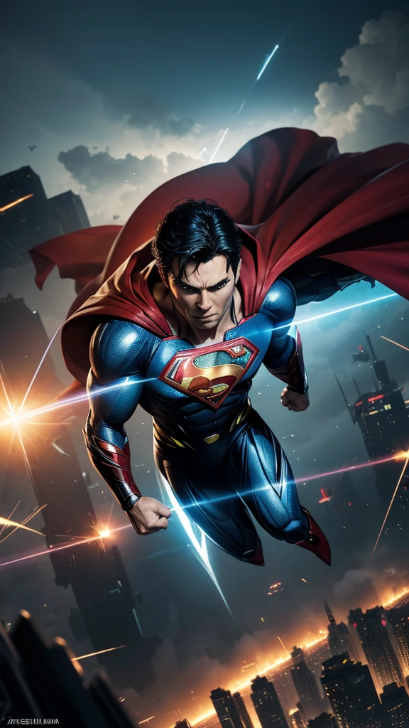 Masterpiece, best quality, NVIDIA RTX, sharp picture, cinematic lightning, ((hi-tech futuristic Superman)), ((Superman symbol)), ((flying away from explosion)), perfect face, angry face, proportional body, luminous mecha-armor:1.3, glowing mecha armor:1.3, (cape blown by strong winds:1.3), full body, epic lights reflection, night, smokes, from above