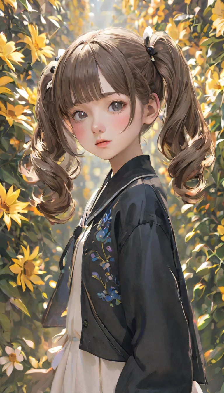 (UHigh resolution, retina, masterpiece, Accurate, Anatomically correct, Textured skin, Very detailed, Attention to detail, high quality, 最high quality, High resolution, 1080P, High resolution, 4K, 8K, 16K),Accurate human body depiction、Cute one14 year old girl、Brown Hair、short hair、Twin tails、Grey Eyes、Malaise、Cute clothes in black、No exposed skin、The background is a simple floral wallpaper.、