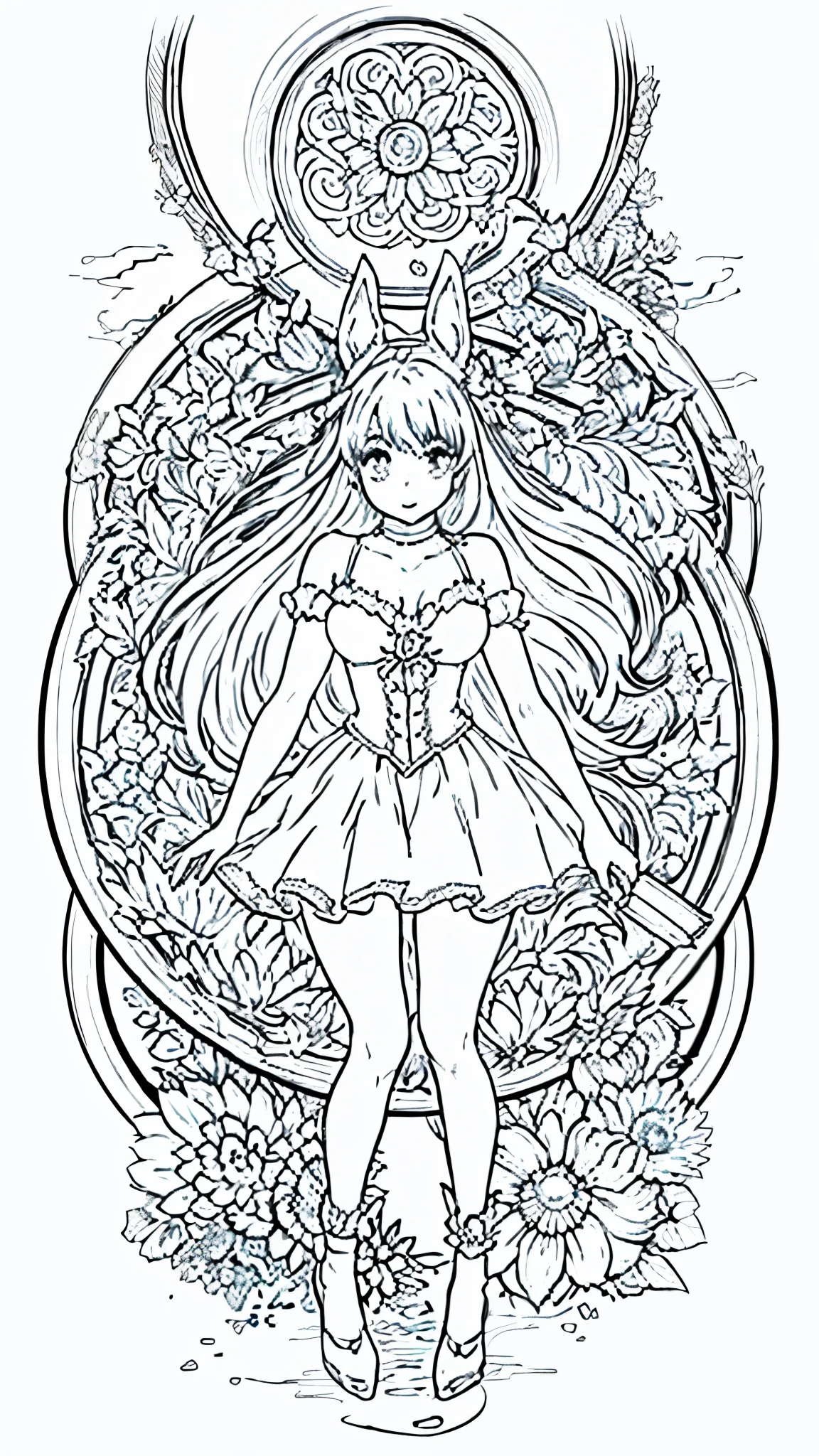 (Bunny girl:1.5), 8k, black and white drawing of circular design, intricate thin lines, centering radial design, coloring pages, simplified zentangle, coloring book outline, black and white only, no outline, intricate designs, coloring book, celtic design, intricate lines, no gradients