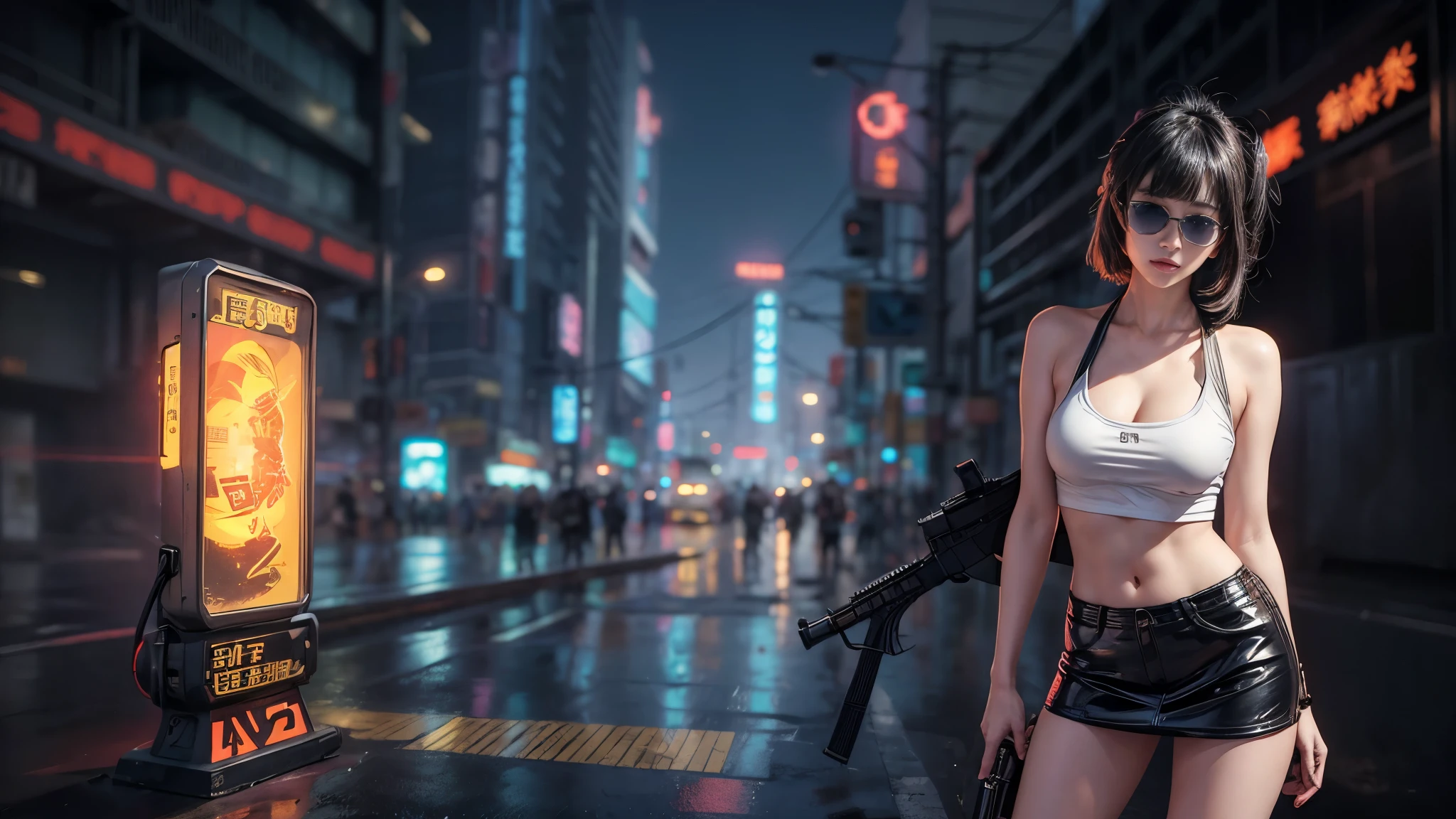 8k, Realistic Skin Texture, Realistic Photo, Neo Tokyo, slim Japanese women, large-breast:1.3 cleavage:1.2, AD2050 at night, Dirty hunting jacket, Wearing tube top, miniskirt, (((black sunglasses, automatic rifle, sneakers, cold, shooting pose, low angle view))), Innovative composition, revenge, cyberpunk, blade runner worldview, Large neon sign, Geisha hologram sign, Strong Wakamoto Sign.
