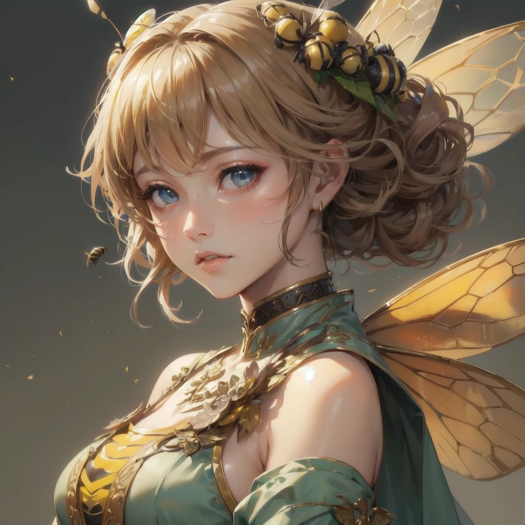  masterpiece, (textured skin), best quality, gorgeous beautiful girl, (a female bee),,detailed clothes,large breasts,narrow waist,, (beautiful face), cinematic lighting, (fantasy anime art ),