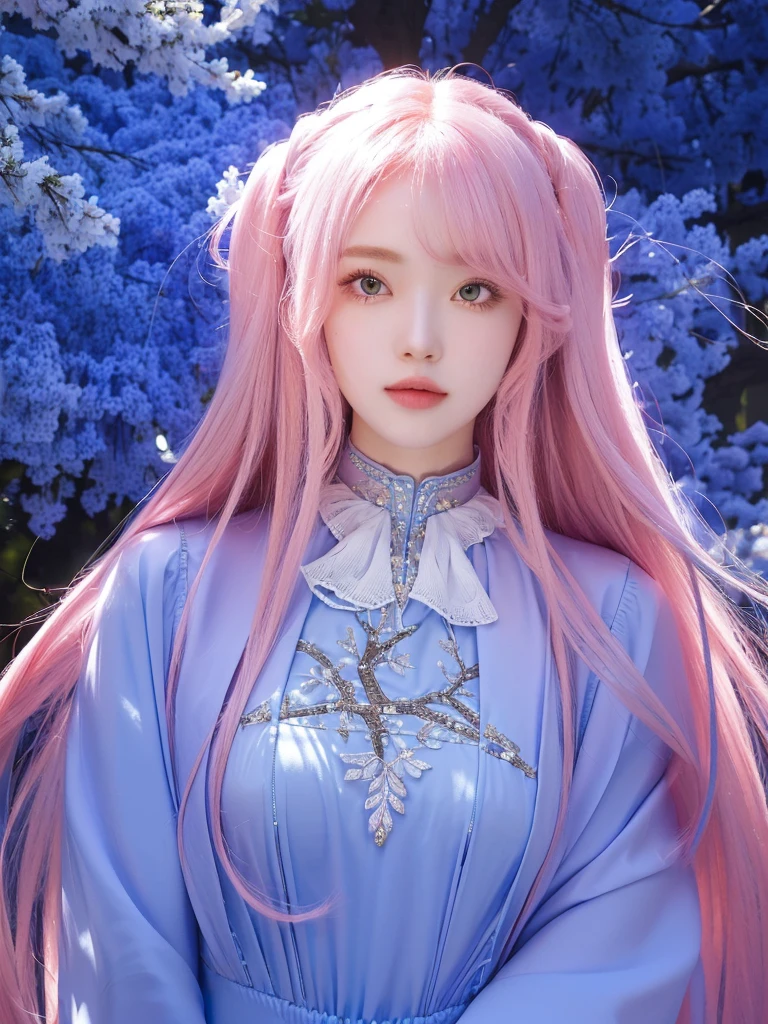 a girl with long pink hair and a blue dress stands in front of a tree