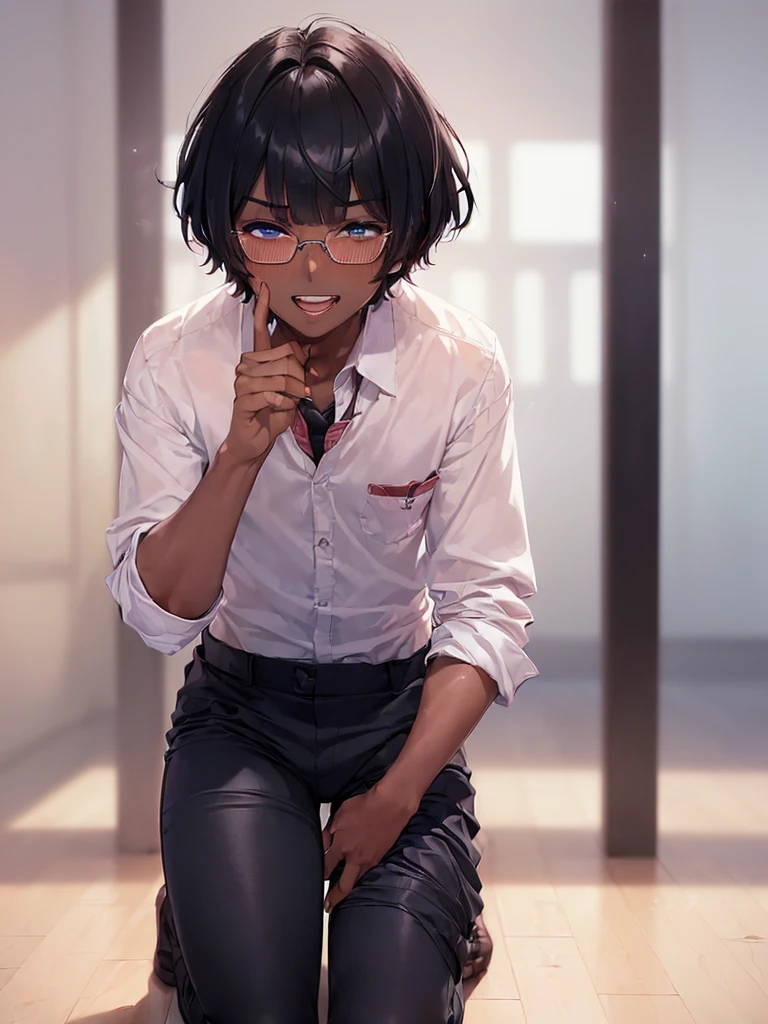 (1 feminine boy solo:1.7),(dark skin:1.5),(masterpiece:1.2), highest quality, High resolution, unity 8k wallpaper, (fine and beautiful eyes:1.6), highly detailed face, perfect lighting, Detailed CG, (perfect hands, perfect anatomy),20 years old, (black hair:1.3), detailed eyes, best quality, extremely detailed, very precise detailed, (glasses:1.4), (blunt bangs:1.5), (open mouth:1.2), (short hair:1.5), (evil smile:1.4), , (half closed eyes:1.3) ,long sidelocks, (blush:1.3),(kneeling:1.3),(Put left knee in front:1.5),(school uniform pant:1.5),