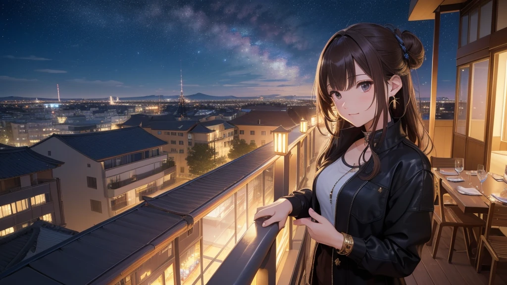 (Very detailed,High resolution,masterpiece:1.2)Night view from the balcony or terrace of a high-rise apartment building, Starry Sky、milky way、Tanabata bamboo decorations Light brown hair. She is wearing a jacket over a long-sleeved top.、Earring Accessories, bracelet, clock. .(Highest quality:1.2), Very detailed, High resolution, Tabletop:1,2, Vibrant colors, Bokeh, Professional Lighting, Physically Based Rendering, Flat Color:0.8, Fine 図, Realistic:1.37, Shinkai Makoto style, Your name style,long hair 、 Bun Hair。,(masterpiece: 1,2)、(masterpiece: 1,2)、High resolution、超High resolution、Highest quality、High resolution、