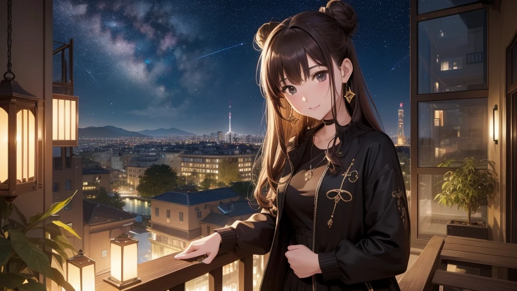 (Very detailed,High resolution,masterpiece:1.2)Night view from the balcony or terrace of a high-rise apartment building, Starry Sky、milky way、Tanabata bamboo decorations Light brown hair. She is wearing a jacket over a long-sleeved top.、Earring Accessories, bracelet, clock. .(Highest quality:1.2), Very detailed, High resolution, Tabletop:1,2, Vibrant colors, Bokeh, Professional Lighting, Physically Based Rendering, Flat Color:0.8, Fine 図, Realistic:1.37, Shinkai Makoto style, Your name style,long hair 、 Bun Hair。,(masterpiece: 1,2)、(masterpiece: 1,2)、High resolution、超High resolution、Highest quality、High resolution、