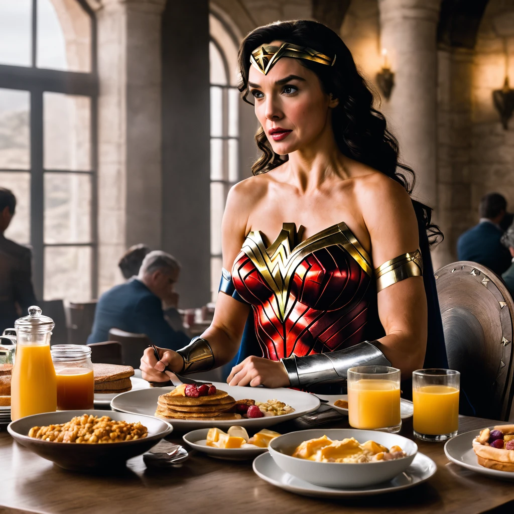 Wonder woman sits at a table with a big breakfast spread