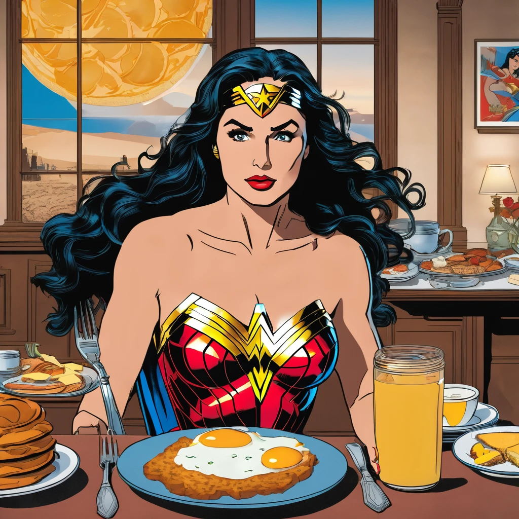 Wonder woman sits at a table with a big breakfast spread