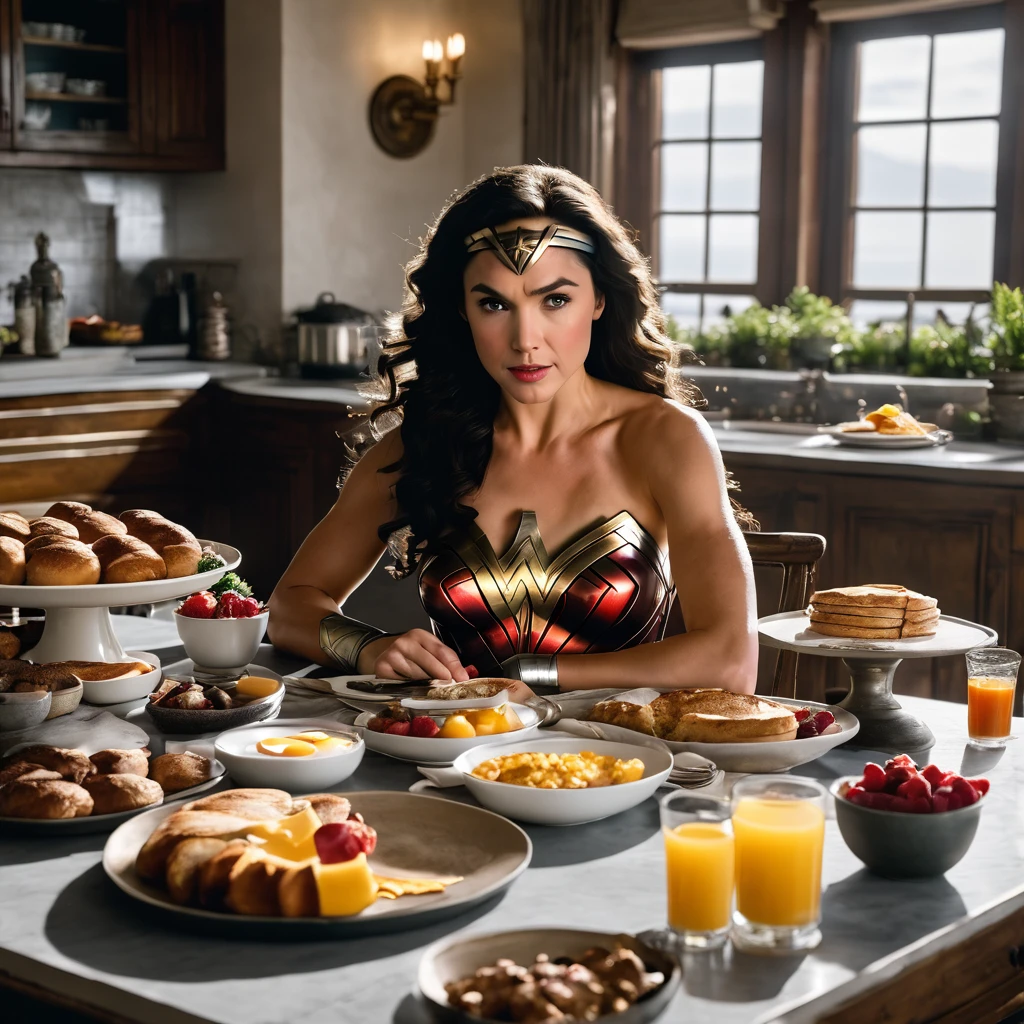 Wonder woman sits at a table with a big breakfast spread