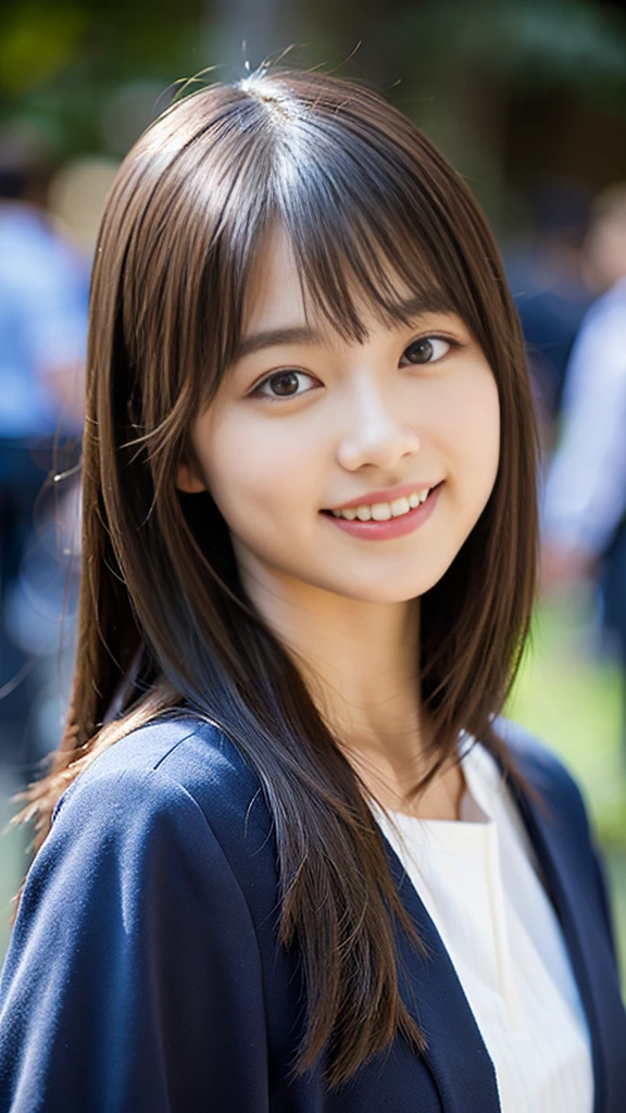 (8K、Raw photography、top-quality、masterpiece:1.2)、(realisitic、Photorealsitic:1.37)、ultra-detailliert、超A high resolution、女の子1人、see the beholder、beautifull detailed face、A smile、Constriction、(Slim waist) :1.3)、The shirt、Beautiful detailed skin、Skin Texture、floated hair、profetional lighting、 (Face like an idol), Incredibly absurd, (cuteness: 1.3), bangss、15yo student、student clothes、
