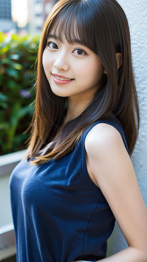 (8K、Raw photography、top-quality、masterpiece:1.2)、(realisitic、Photorealsitic:1.37)、ultra-detailliert、超A high resolution、1人、see the beholder、beautifull detailed face、A smile、Constriction、(Slim waist) :1.3)、The shirt、Beautiful detailed skin、Skin Texture、floated hair、profetional lighting、 (Face like an idol), Incredibly absurd, (cuteness: 1.3), bangss、15yudent、student clothes、
