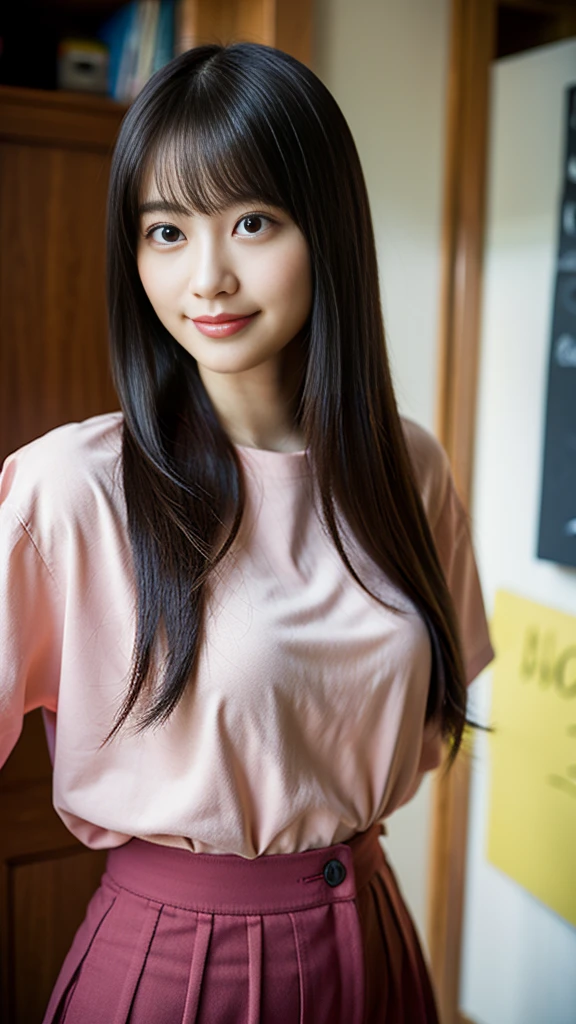 (8K、Raw photography、top-quality、masterpiece:1.2)、(realisitic、Photorealsitic:1.37)、ultra-detailliert、超A high resolution、女の子1人、see the beholder、beautifull detailed face、A smile、Constriction、(Slim waist) :1.3)、The shirt、Beautiful detailed skin、Skin Texture、floated hair、profetional lighting、 (Face like an idol), Incredibly absurd, (cuteness: 1.3), bangss、15yo student、student clothes、