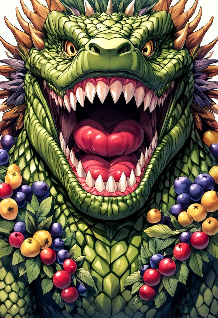 Godzilla made of friendly frozen fruits with a huge toothy smile framed 