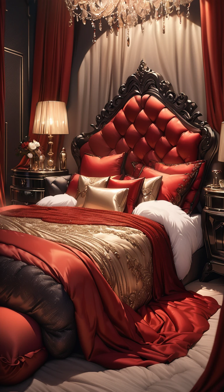 a fluffy red silk duvet, many large silk cushions, a luxurious and fluffy red silk bed, extremely detailed, high quality, 8k, best quality, photorealistic, studio lighting, lush, elegant, soft, delicate, rich, warm colors, serene, luxurious bedroom interior, plush, velvety, opulent, ornate, detailed silk textures, fine details, sumptuous, sophisticated, lavish, exquisite, opulent, refined, grandiose, magnificent