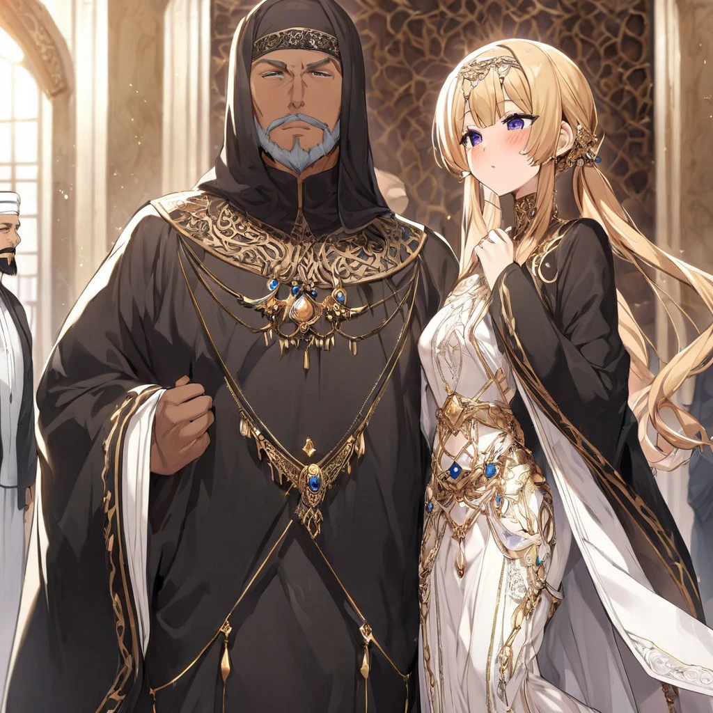 ((Highest quality)), ((masterpiece)), (detailed), （Perfect Face）、The woman is wearing a black chador、The woman is Tsukino Usagi, a devout Muslim., Arab with bright brown skin, In an Islamic prayer hall、金の刺繍が施された豪華なWearing a black chador。, A gorgeous black chador drapes her securely., Gorgeous hair ornament, Gorgeous jewellery and engagement rings. The woman and the man are in a luxurious palace, And the woman、Wearing Arab national dress、In an Islamic prayer hall with a dignified bearded middle-aged Arab Muslim man。.、The woman is the elegant Tsukino Usagi, Her long blonde hair was tied in twin tails, Wearing a black chador. She is a devout Muslim Arab with vibrant brown skin.。.、（The woman was named Tsukino Usagi.、He is a dark-skinned Arab and a devout Muslim.。.）