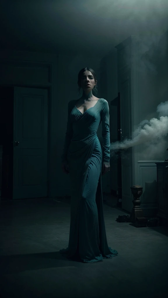 a blue ghost standing in a room full of smoke, in the style of dark white
and light emerald, slumped/draped, horror, mysterious beauty,  made of mist, dark emerald, ghost walking, breathtaking, cinematic still, 8k