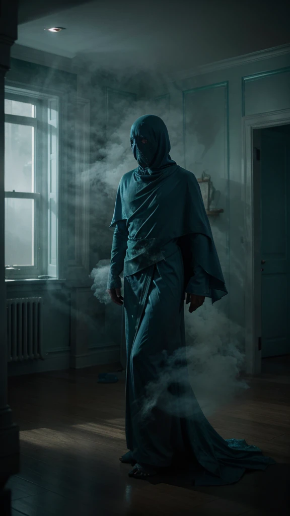 a blue ghost standing in a room full of smoke, in the style of dark white
and light emerald, slumped/draped, horror, mysterious beauty, made of mist, dark emerald, ghost walking, breathtaking, cinematic still, 8k
