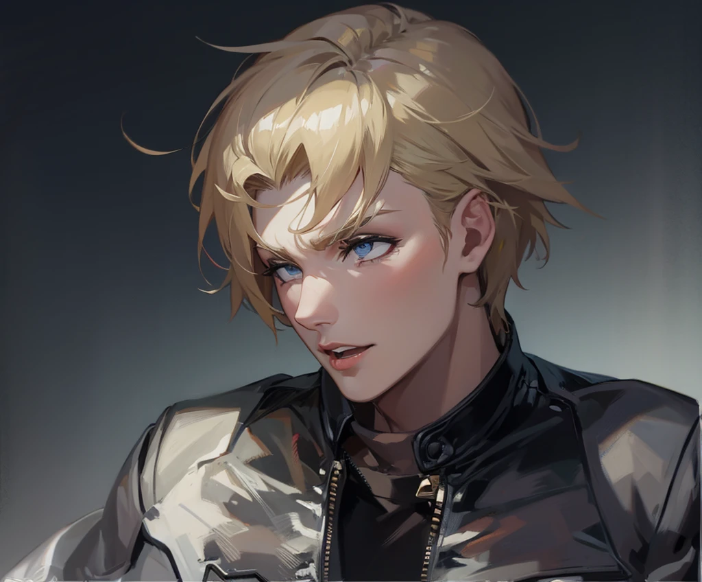 Blonde、male、Black leather single rider jacket、super fine illustration,(((beautiful fine hair))),(((beautiful fine face))),(((beautiful fine background))),