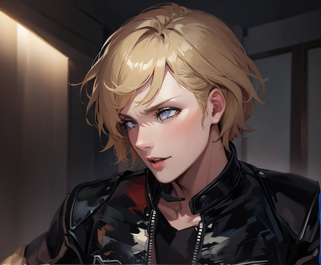 Blonde、male、Black leather single rider jacket、super fine illustration,(((beautiful fine hair))),(((beautiful fine face))),(((beautiful fine background))),