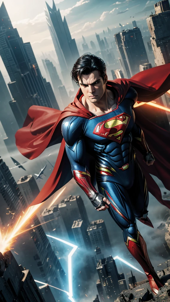 Masterpiece, best quality, NVIDIA RTX, sharp picture, cinematic lightning, ((hi-tech futuristic Superman)), ((Superman symbol)), ((flying away from explosion)), perfect face, angry face, proportional body, luminous mecha-armor:1.3, glowing mecha armor:1.3, (cape blown by strong winds:1.3), full body, epic lights reflection, night, smokes, from above