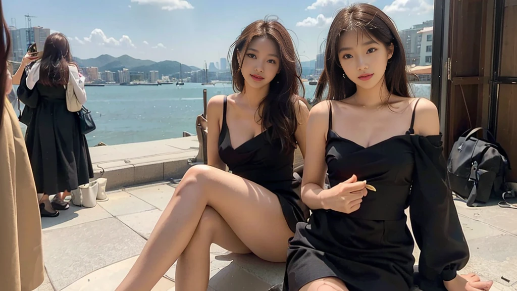 ((Best image quality, 8K, masterpiece: 1.3)), Selfie, Sharp focus: 1.2, Cute beauty with perfect figure: 1.4, Slim and busty, ((Brown Hair Black)) , (little flesh-colored dress,Highly detailed face,Happy expression,Stand on your own two feet:1.2),((City of blue sky and white clouds,At the cafe:1.3. Produced mainly by women)),Highly detailed faceと肌の質感,Fine grain,double eyelid