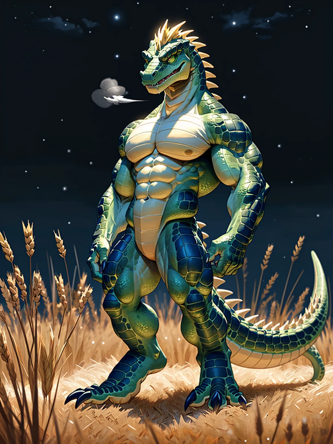 Sky Blue Lizardman、A lizardman with sky-blue shining scales、Sideways face、Sideways body、Pose with hips thrusting forward、Chest-back pose、Big fangs、Deformed face、Round face、saliva、Golden Mane、Very small head、Sky blue crocodile-like scales、Top-down composition、White Breath、Sharp toenails、Very angry look、Angry lizard face、Barking Lizard、Wide open green eyes、Slender muscles、Beautiful Abs、A body that fills the screen、Moonlit Night Background、Wheat field background、Golden Wheat、Glitter effect、steam