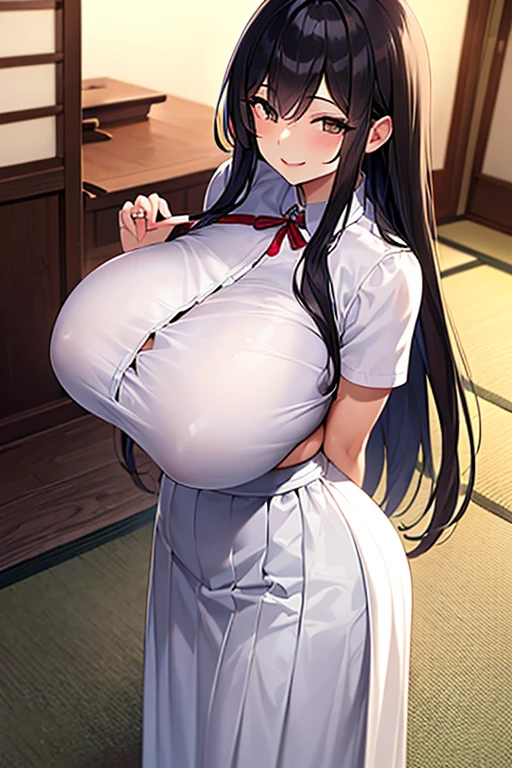 masterpiece, extra limbs, 1japanese house wife, 38 years old, black extra long hair, huge breasts plump beautiful breasts, (((smile))), (((clothed white blouse,buck long skirt))),wedding ring, standing breast hold