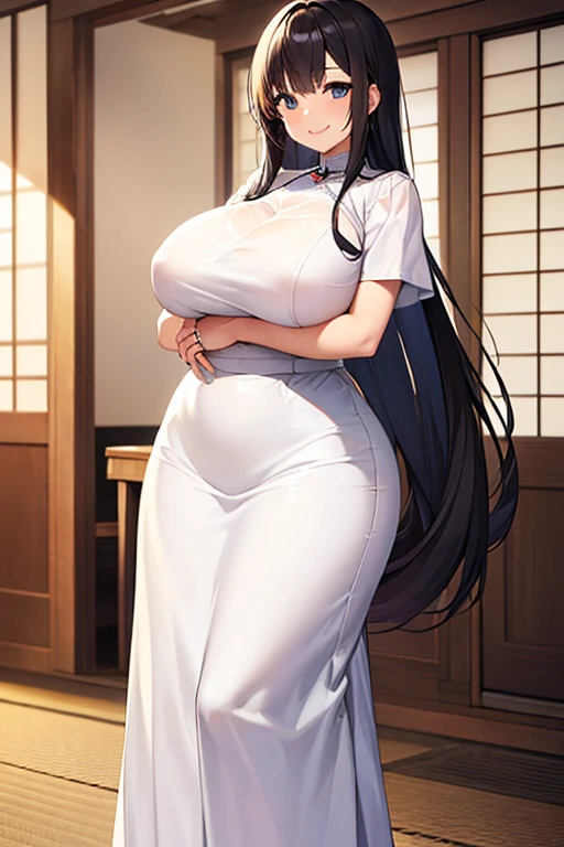 masterpiece, extra limbs, 1japanese house wife, 38 years old, black extra long hair, huge breasts plump beautiful breasts, (((smile))), (((clothed white blouse,buck long skirt))),wedding ring, standing breast hold