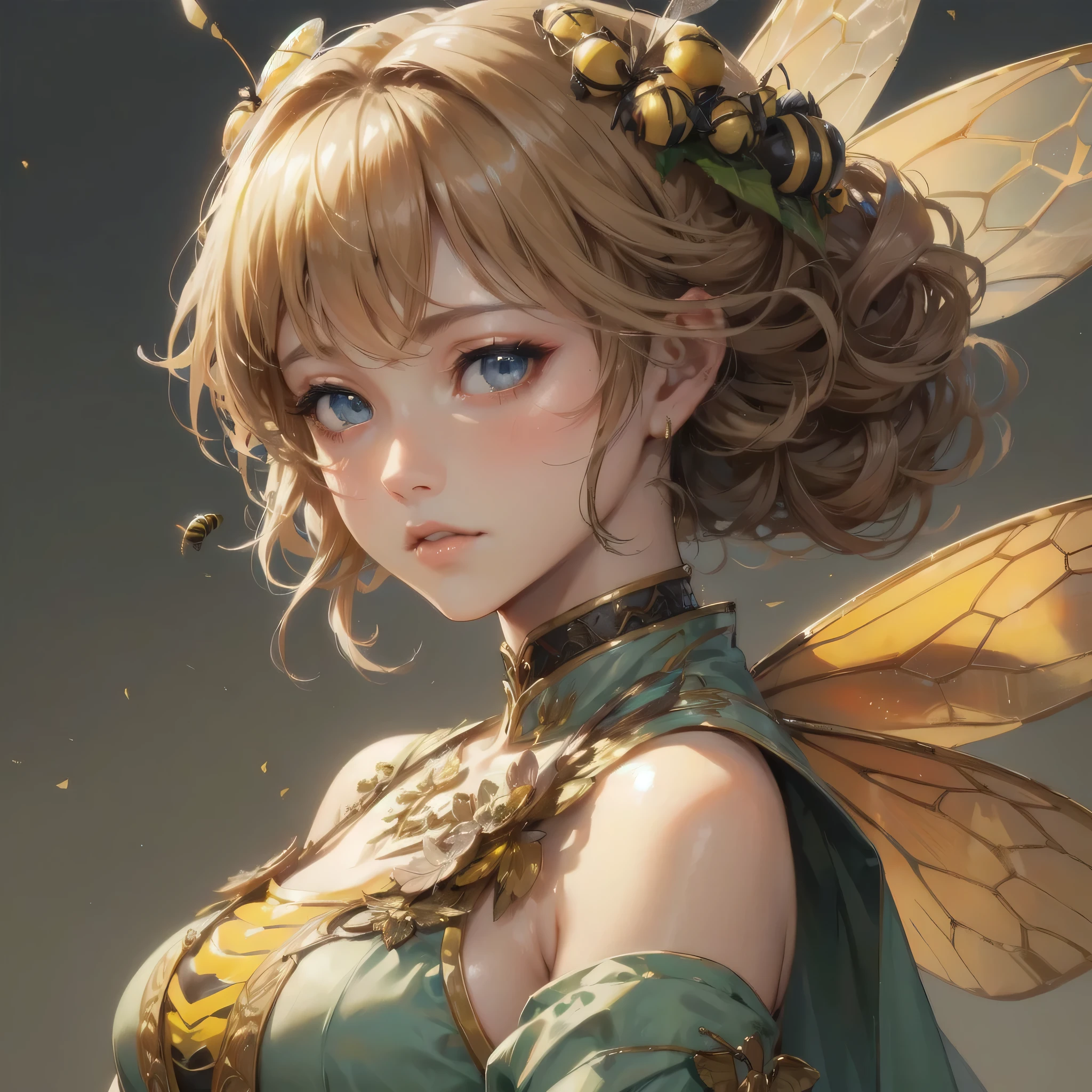masterpiece, (textured skin), best quality, gorgeous beautiful girl, (a female bee),,detailed clothes,large ,narrow waist,, (beautiful face), cinematic lighting, (fantasy anime art ),