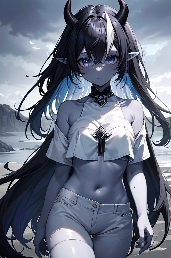 (masterpiece,best quality,ultra-detailed),1girl,black hair,messy hair, pointy ears,(((coloured skin,pale blue skin))),oni horns,black crop top,((grey theme)),((pastel colours theme)),in a meadow,night,cloudy