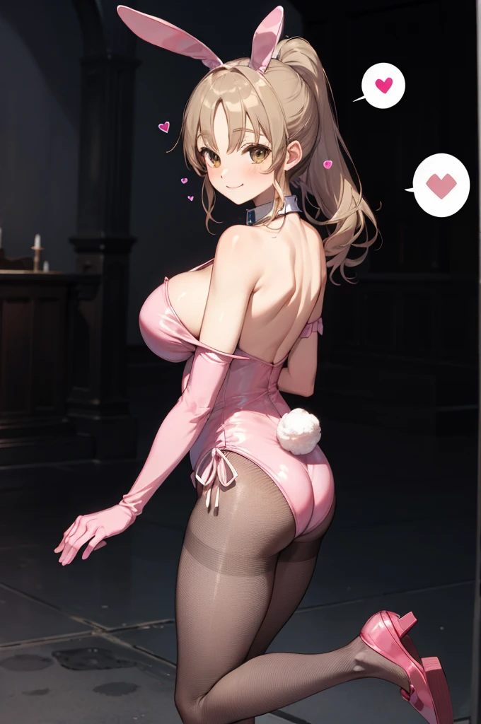 aasister, long hair,ponytail, bunny girl,pink bunny suits,pink leotard,rabbit ears,huge breasts,smile,fishnet pantyhose,shoes,(((spoken heart))),,bare shoulder,collarbone,cleavage,,(((dark room))),church,looking viewer,collar ribbon,elbow glove,ass,from back
