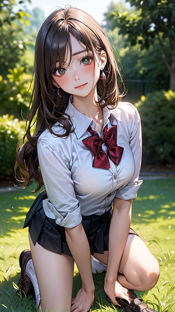 (masterpiece:1.2, top-quality), (realistic, photorealistic:1.4), beautiful illustration, (natural side lighting, movie lighting),
looking at viewer, cowboy shot, front view:0.6, 1 girl, japanese, high school girl, perfect face, cute and symmetrical face, shiny skin,
(long hair:1.8, straight hair:1.7, light brown hair), parted bangs, emerald green eyes, long eye lasher, (large breasts:0.9, thick thighs),
beautiful hair, beautiful face, beautiful detailed eyes, beautiful clavicle, beautiful body, beautiful chest, beautiful thigh, beautiful legs, beautiful fingers,
(A woman is on all fours in a grassy field. A large dog is on the woman's back.)Full body. Full hands and legs.
Face, bright red, flushed, both eyes closed, mouth open, crying out.
Her large breasts and nipples are standing out, even through her shirt. (The skirt is shorter than normal, but even shorter, so short that you can almost see her panties.)The girl has brown hair. She has brown hair, a shirt, a ribbon bow tie, and a very short, black, shiny, mini pleated skirt. Black socks, brown loafers.
(The skirt is very short.) The girl's hair is brown.