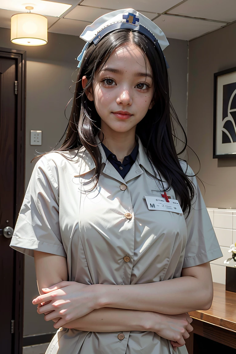 Best Quality, Masterpiece, Ultra High Resolution, (Realisticity: 1.4), Original Photo, 1Girl, Conservatively Dressed, Nurse's Wear, Film Lighting, Big Breasts, Cover Chest