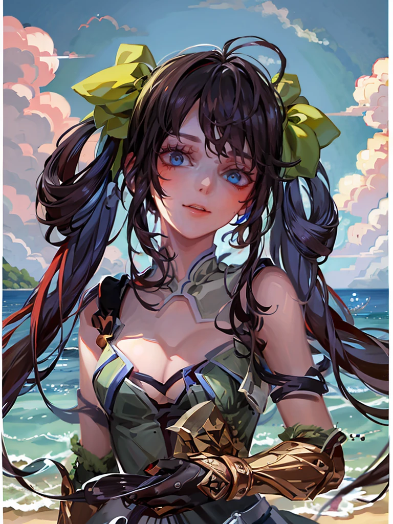 ( painting style:0.9), masterpiece, best quality, absurdres, looking at viewer, no pupils,(detailed eyes), (detailed face), perfect face, alternate costume, 1girl, solo, outdoor, cloud, beach, madiun breasts 