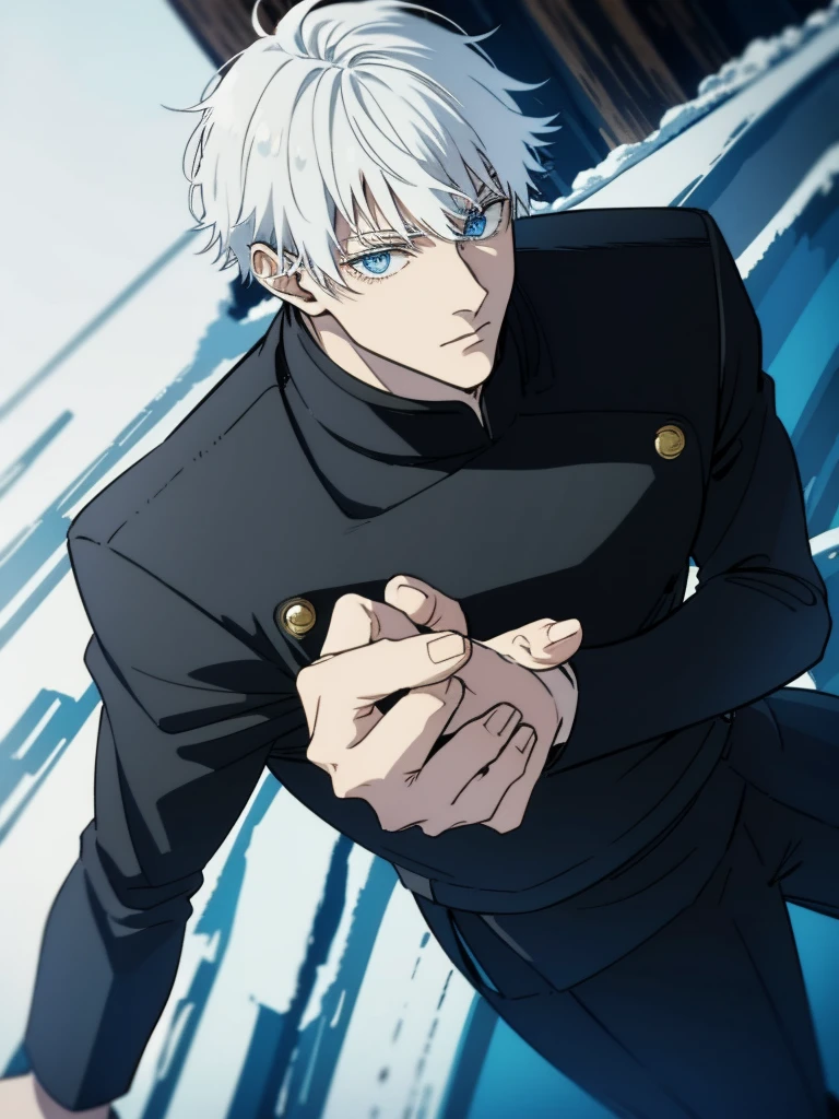 Gojo Satoru walk in outdoor coated black suit in snow ,white hair , blue eyes, cool style macho