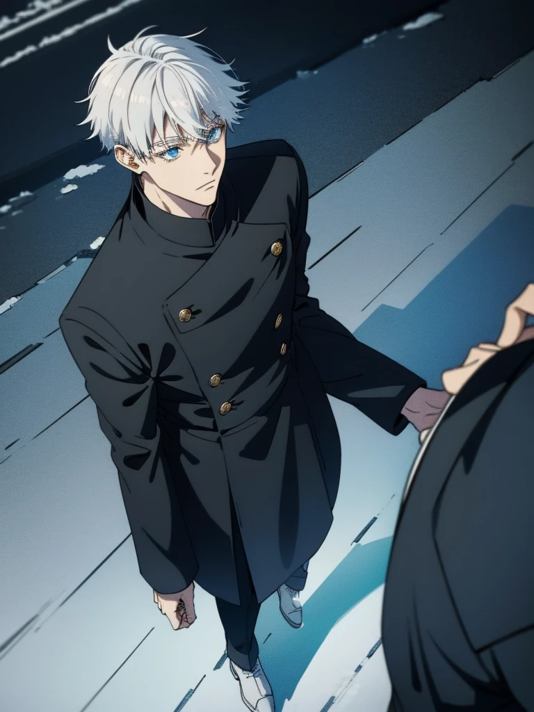 Gojo Satoru walk in outdoor coated black suit in snow ,white hair , blue eyes, cool style macho