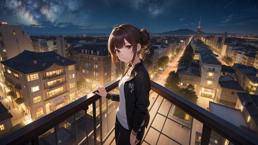 (Very detailed,High resolution,masterpiece:1.2）Night view from the balcony or terrace of a high-rise apartment building, Starry Sky、milky way、Tanabata bamboo decorations Light brown hair. She is wearing a jacket over a long-sleeved top.、Earring Accessories, bracelet, clock. .(Highest quality:1.2), Very detailed, High resolution, Tabletop:1,2, Vibrant colors, Bokeh, Professional Lighting, Physically Based Rendering, Flat Color:0.8, Fine 図, Realistic:1.37, Shinkai Makoto style, Your name style, Bun Hair。,(masterpiece: 1,2)、(masterpiece: 1,2)、High resolution、超High resolution、Highest quality、High resolution、