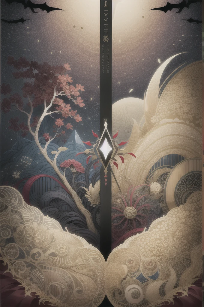 Nordic tree-shaped solitaire,Flat style, abstract artistic,Graphic design,symmetry, Math, Renaissance, Oil painting, 2D canvas, highly detailed, complex, Classic paint, Black monochrome, crystals, opulent, lap, gothic ornament, Graphic design