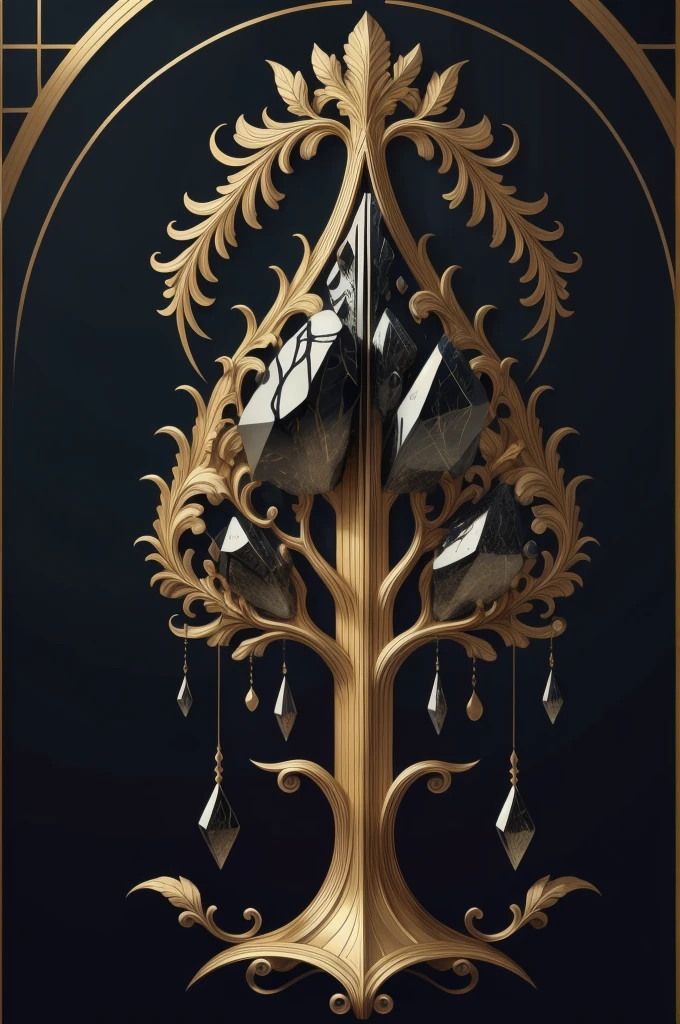 Nordic tree-shaped solitaire，Flat style， abstract artistic，Graphic design，symmetry, Math, Renaissance, Oil painting, 2D canvas, highly detailed, complex, Classic paint, Black monochrome, crystals, opulent, lap, gothic ornament, Graphic design
