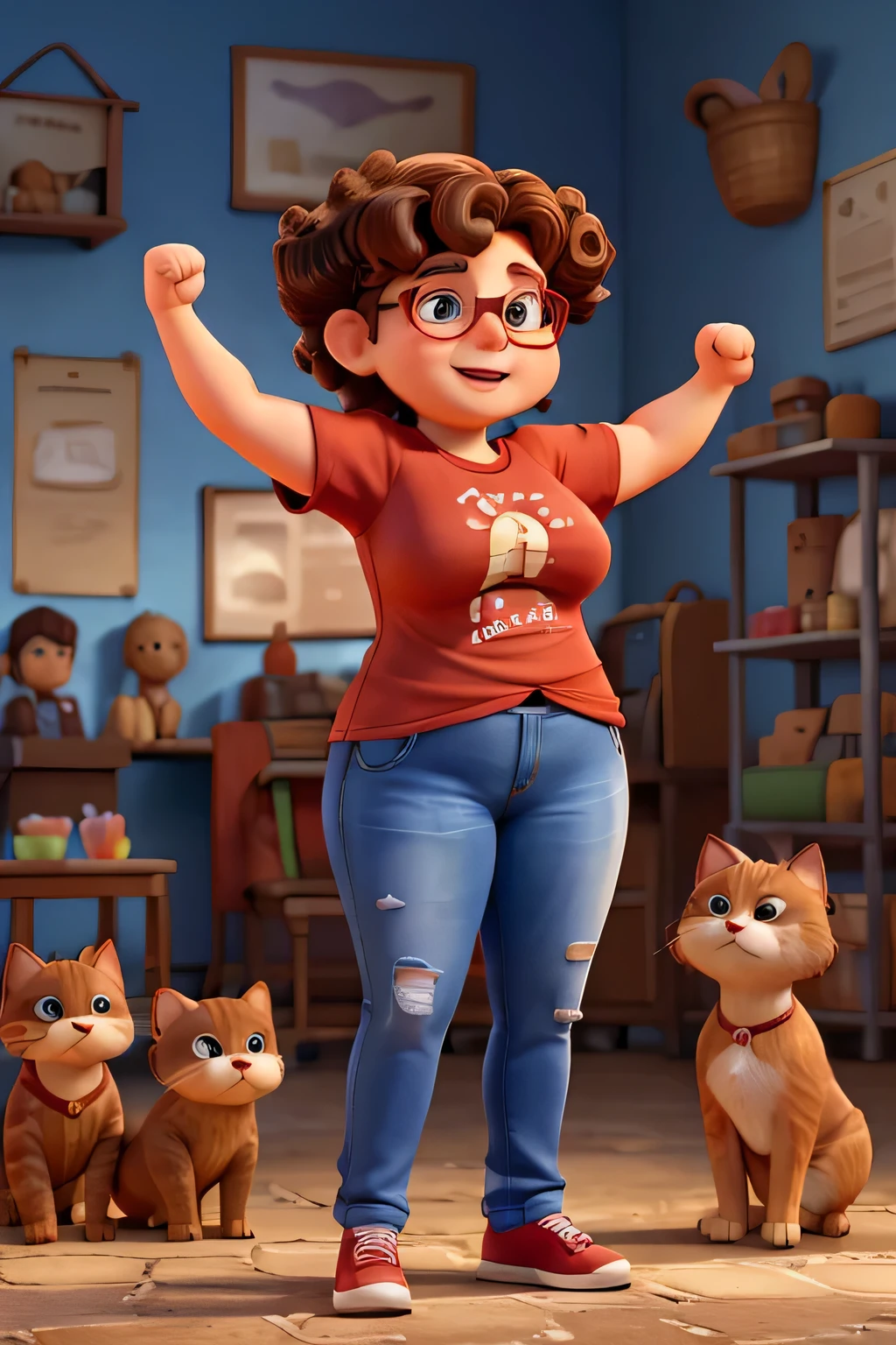 a slightly fat woman aged 55, mature features, a masculine cut, curly brown hair with. She wears square-shaped glasses, a red t-shirt and jeans and has both arms raised upwards, with closed fists showing her strength, in the background there are stray cats and dogs.