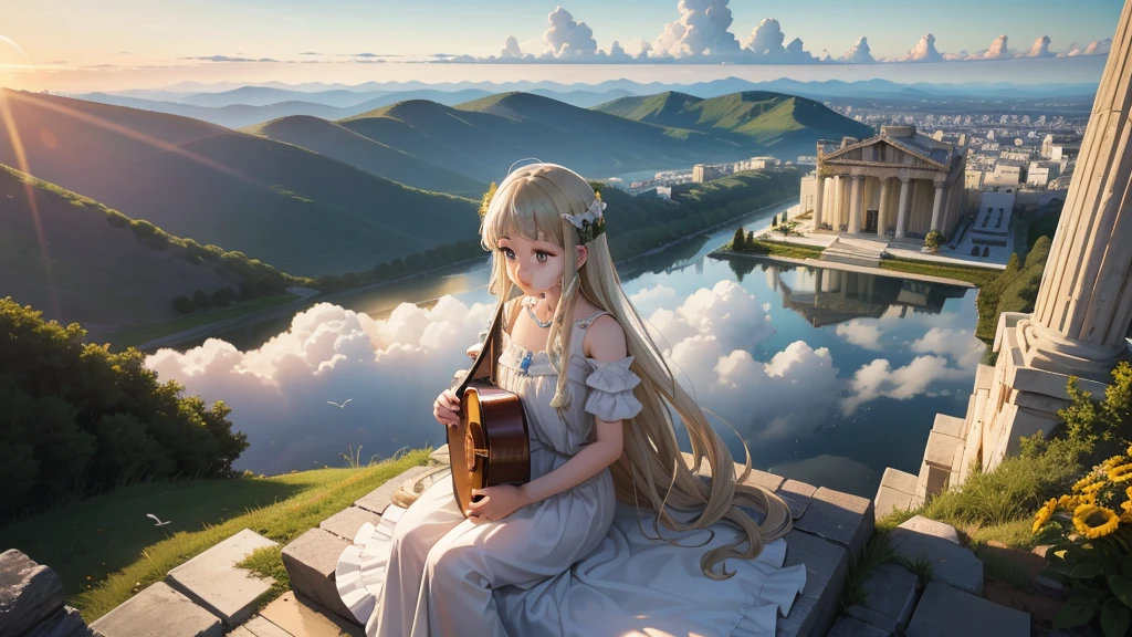 最high quality、high quality、Young Greek God々、Sanctuary Grasslands、Long dress、Full of light、Mysterious、Little angels are playing instruments all around、Greek temple in the clouds、You can see the sea of clouds、skyline、