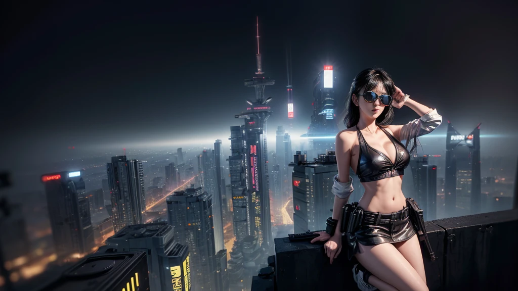 8k, Realistic Skin Texture, Realistic Photo, Neo Tokyo, slim Japanese women, large-breast:1.3 cleavage:1.2, AD2050 at night, Dirty hunting jacket, Wearing tube top, miniskirt, (((black sunglasses, automatic rifle, sneakers, cold, shooting pose, low angle view))), Innovative composition, revenge, cyberpunk, blade runner worldview, Large neon sign, Geisha hologram sign, Strong Wakamoto Sign.