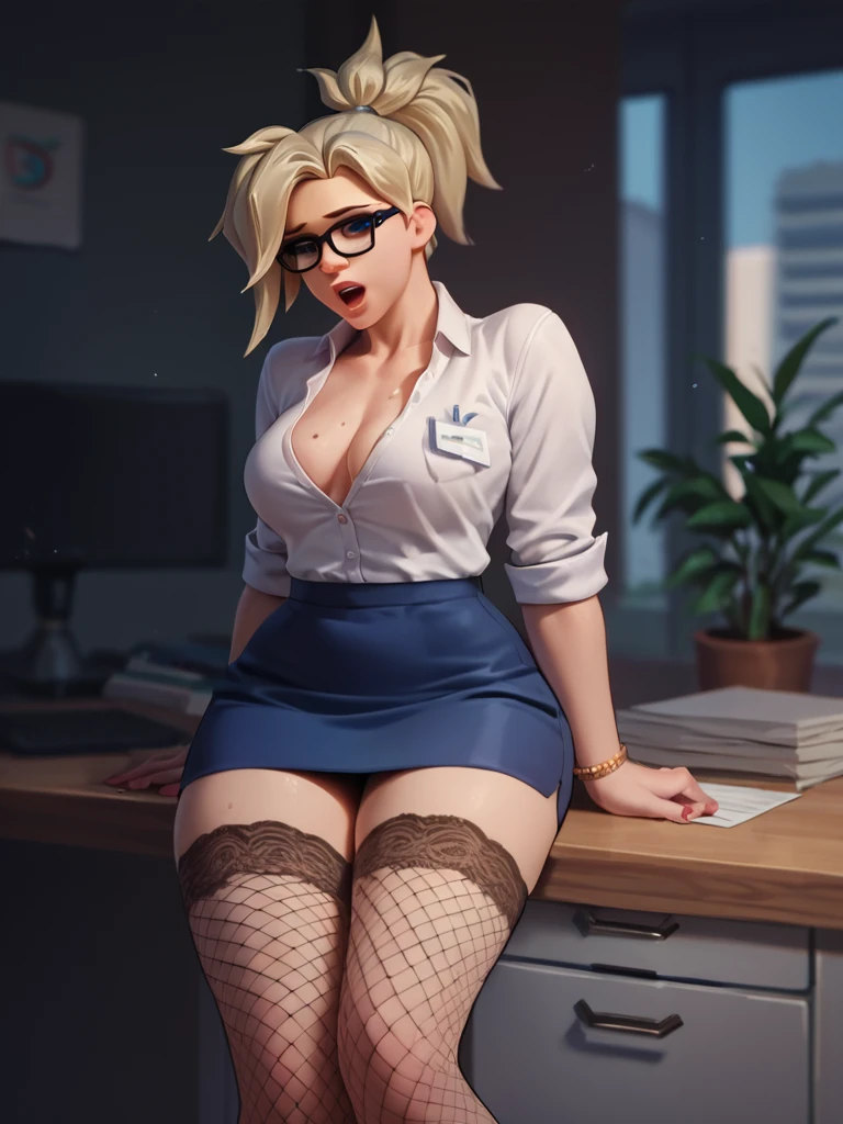 score_9,score_8_up,score_7_up,score_6_up ,source_overwatch score_9, score_8_up, score_7_up,  1woman, solo, mercy \(overwatch\), high quality, office worker mercy, glasses, horny face, open mouth