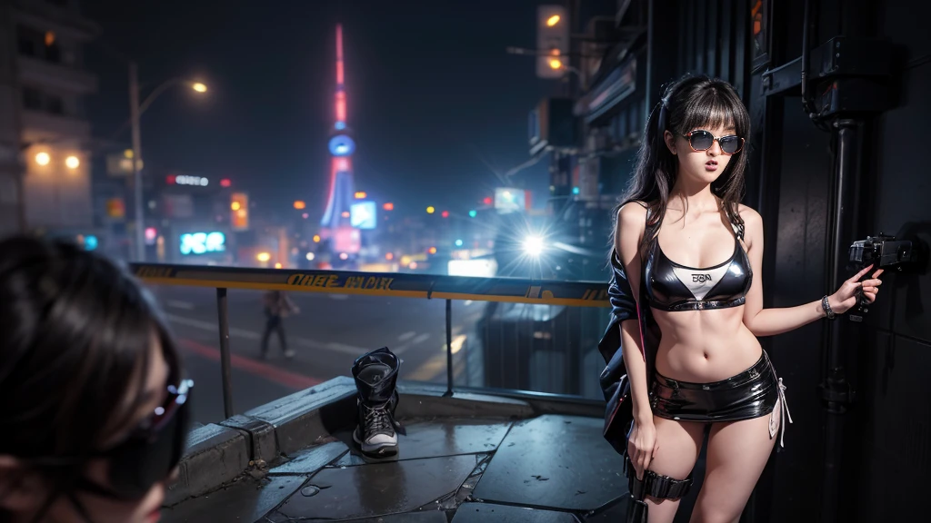 8k, Realistic Skin Texture, Realistic Photo, Neo Tokyo, slim Japanese women, large-breast:1.3 cleavage:1.2, AD2050 at night, Dirty hunting jacket, Wearing tube top, miniskirt, (((black sunglasses, automatic rifle, sneakers, cold, shooting pose, low angle view))), Innovative composition, revenge, cyberpunk, blade runner worldview, Large neon sign, Geisha hologram sign, Strong Wakamoto Sign.