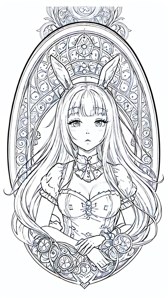 (Bunny girl:1.5), 8k, black and white drawing of circular design, intricate thin lines, centering radial design, coloring pages, simplified zentangle, coloring book outline, black and white only, no outline, intricate designs, coloring book, celtic design, intricate lines, no gradients