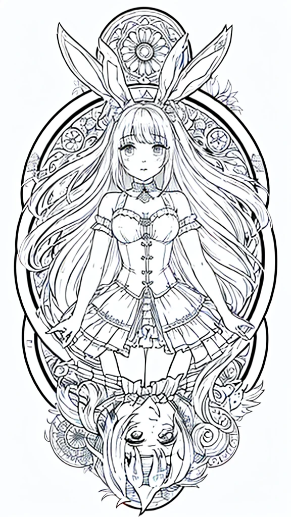 (Bunny girl:1.5), 8k, black and white drawing of circular design, intricate thin lines, centering radial design, coloring pages, simplified zentangle, coloring book outline, black and white only, no outline, intricate designs, coloring book, celtic design, intricate lines, no gradients